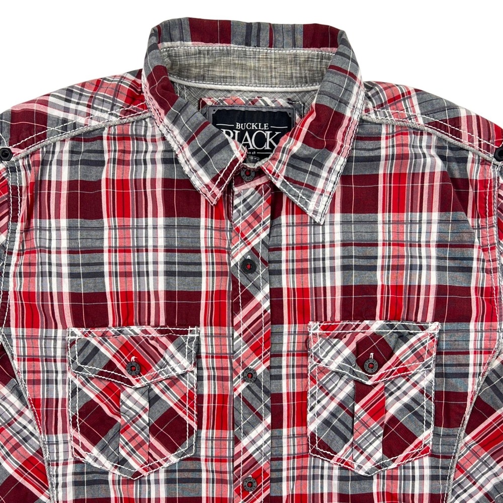 BKE Buckle Black Western Shirt Men's‎ M Slim Fit Red Plaid Long Sleeve Pockets